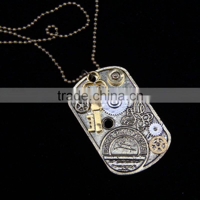 2015 yiwu fashion imitation jewelry steampunk necklace dog tag gear steam key butterfly pendant cameo statement necklace