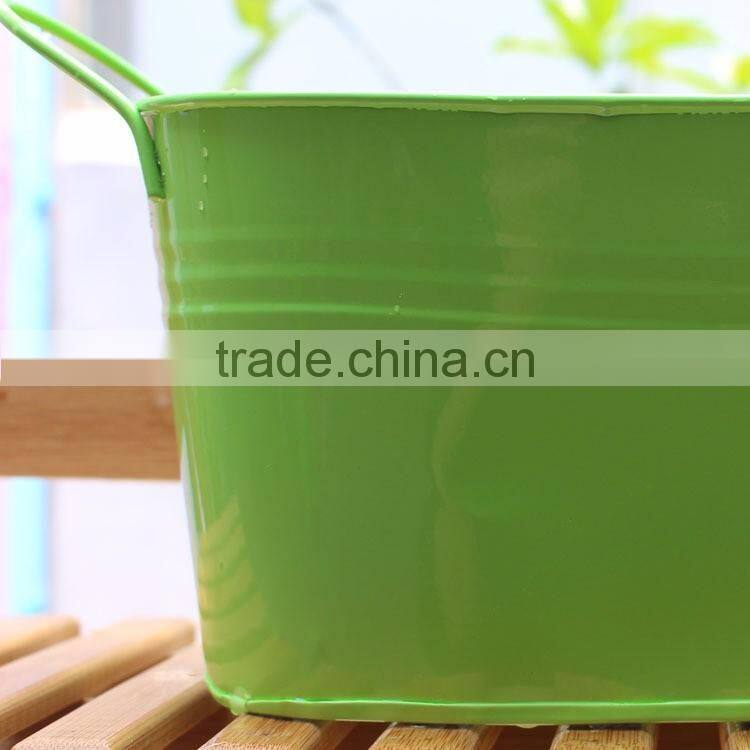 hottest item waterproof oval white green flower vintage galvanized metal planter with wood handles