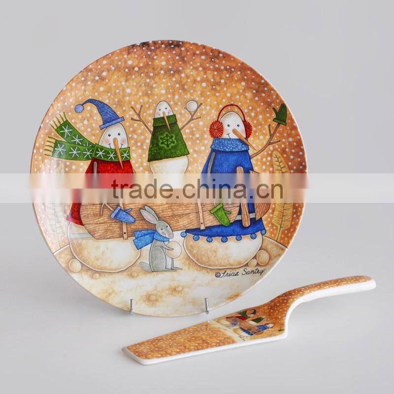 Porcelain Christmas cake plate with server, X'mas design promotional plate