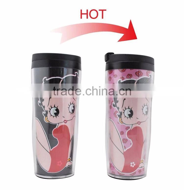 BPA free reusable double wall plastic mug hot color changing