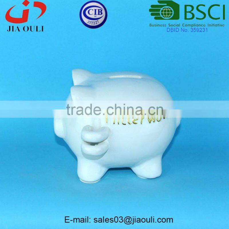 BSCI Audit Factory fashion design glazed white ceramic piggy bank, Coin Bank Adorable