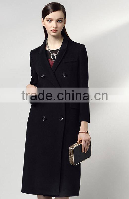Women Wool Coat Double Breasted Peacoat Fall Winter Solid Color Trench Coat Back Split Black Lady Swing Long Coats Plus Size