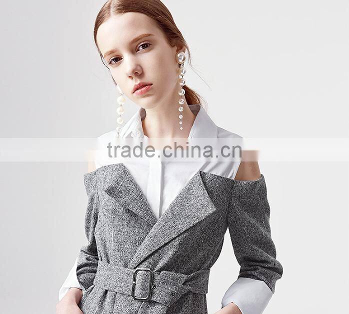 2017 new design cold shoulder long sleeve fake 2 piece shirt