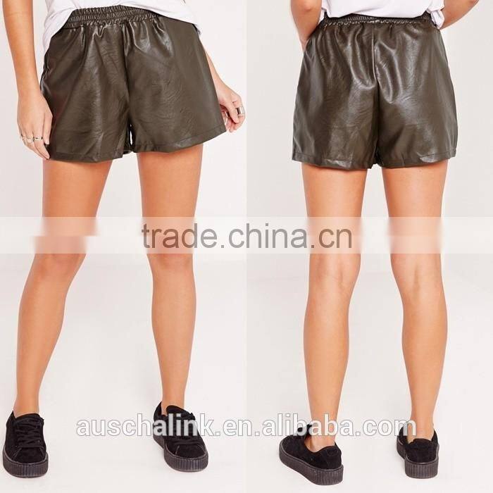 custom ladies khaki elasticated waist faux leather shorts