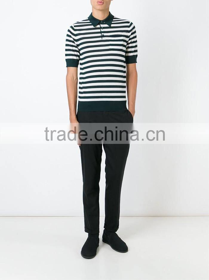 Black and white stripe fine knit golf polo shirt for male