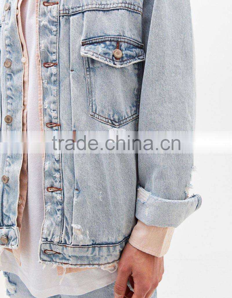 2017 custom mens jean jacket wholesale,Ripped vintage denim jacket for men