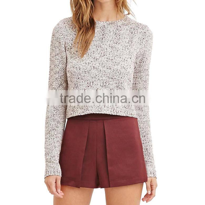 Marled short body rib-knit cuffs long sleeve pullover cotton knit sweater