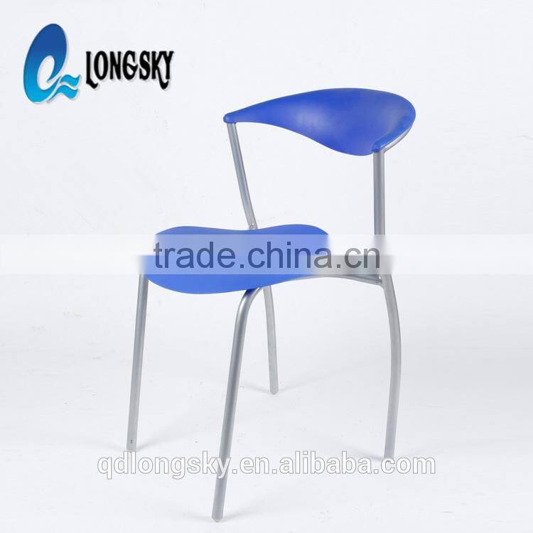 LS-4026A Plastic blue dining chair hotel furniture manufacturer in China Best Selling Iron Frame Blue Plastic Chair With Armrest