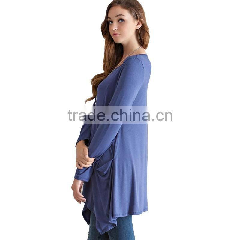 Newest design fashion long sleeve pure color round neck loose blouse for wholesale 2017