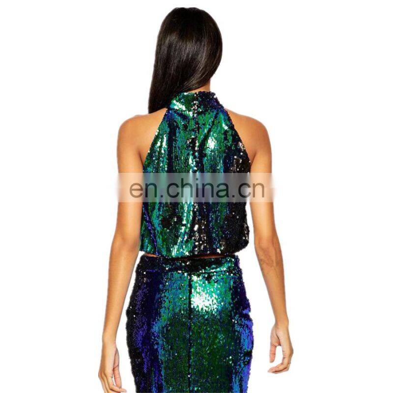 2015 Fahion dress luxury dazzle variable malachite green sequins neck hung all small vest hilum sleeveless female evening dress