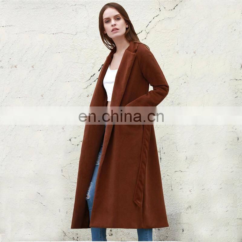 Fashion wide lapel design long brown wool coat for women