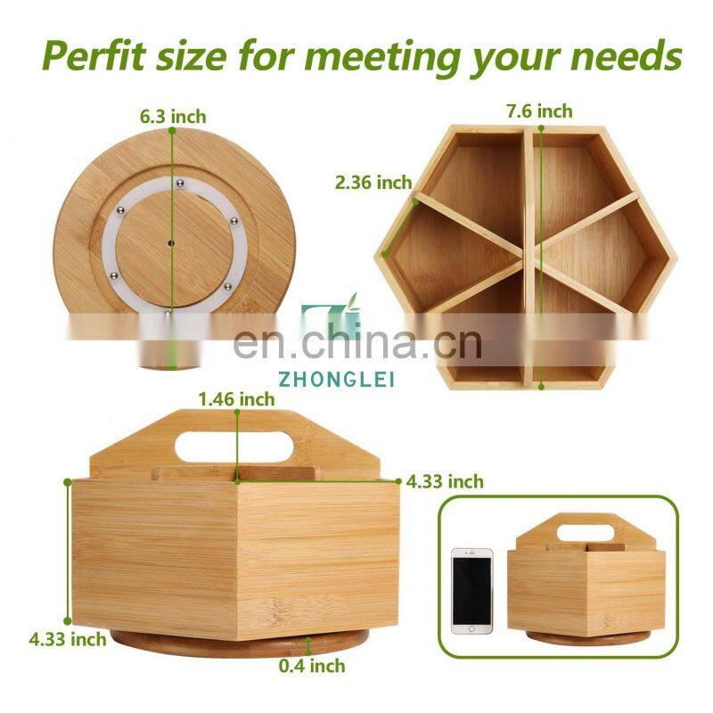 Rotating Pencil Pen Holder with 6 Compartments Bamboo Art Supply Organizer Office Supplies Desktop Storage Caddy with handle
