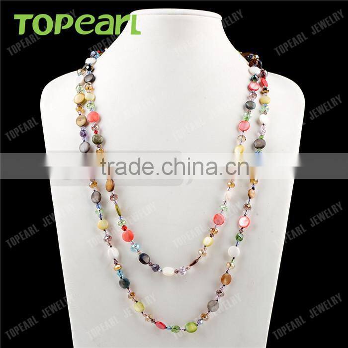 Multicolor Coin Shell Beads with Crystal Necklace 60 Inch Long GN162
