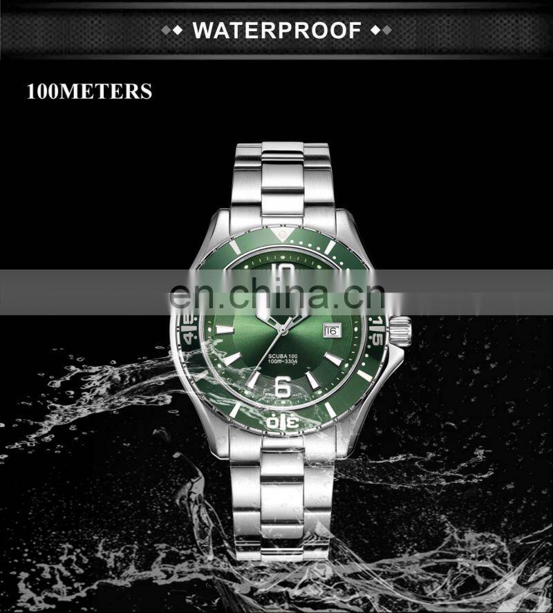 Green men stainless steel watch gold fashion quartz rotation waterproof dive watches top brand luxury men watch