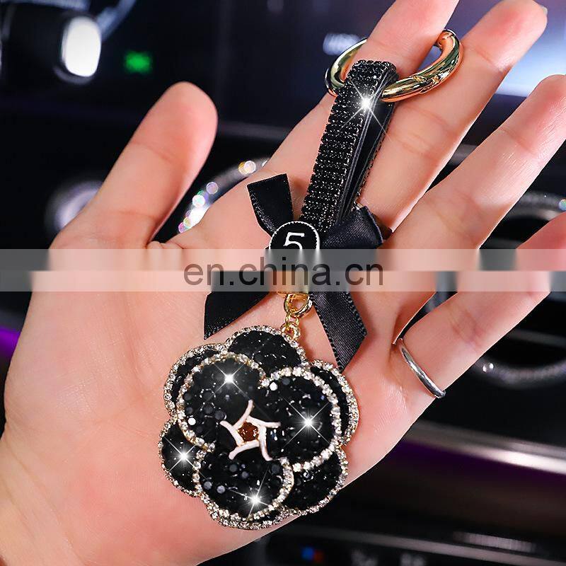 Diamond Camellia Car Key Ring Fashion Flower Car Keychain Lady Bag Hanging Chain Creativity Key Case For Car