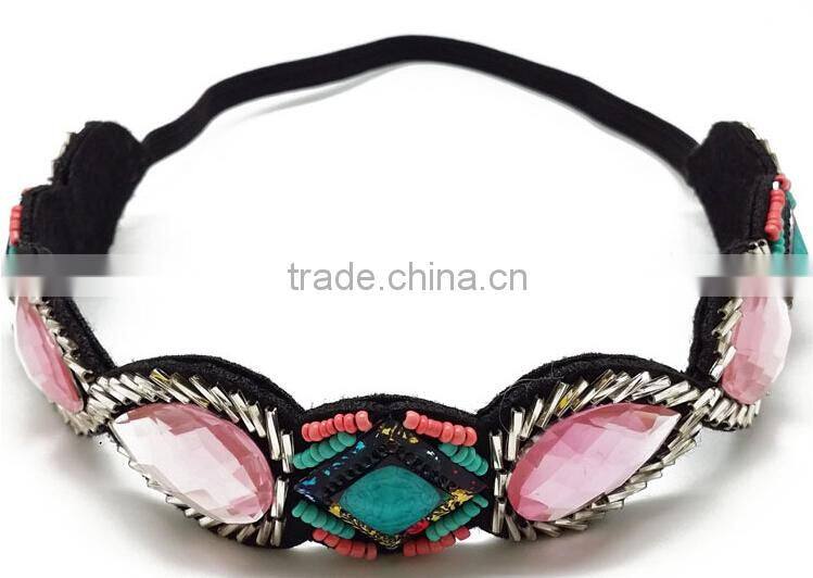 Wholesale Cheap Adjustable Latest Wide Sport Handmade Crystal Beaded Elastic Hair Band