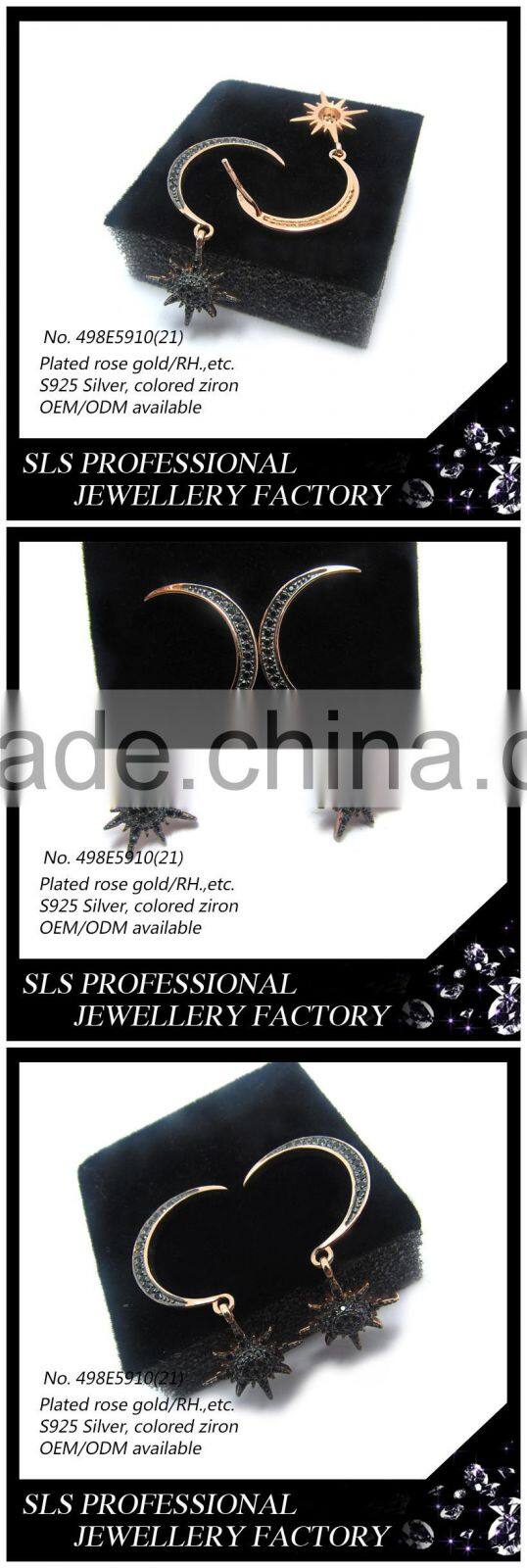 2016 New product fashion 925 sterling silver antique black zircon moon and star stud earrings for women