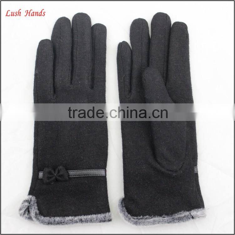 ladies wholesale fashion black micro velvet hand gloves with fur ending