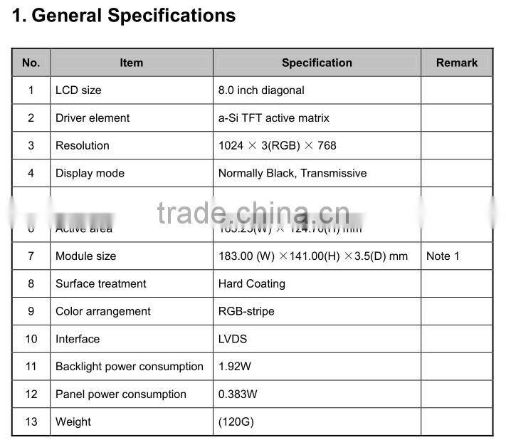 8 inch TFT LCD display panel with IPS and LVDS interface modules