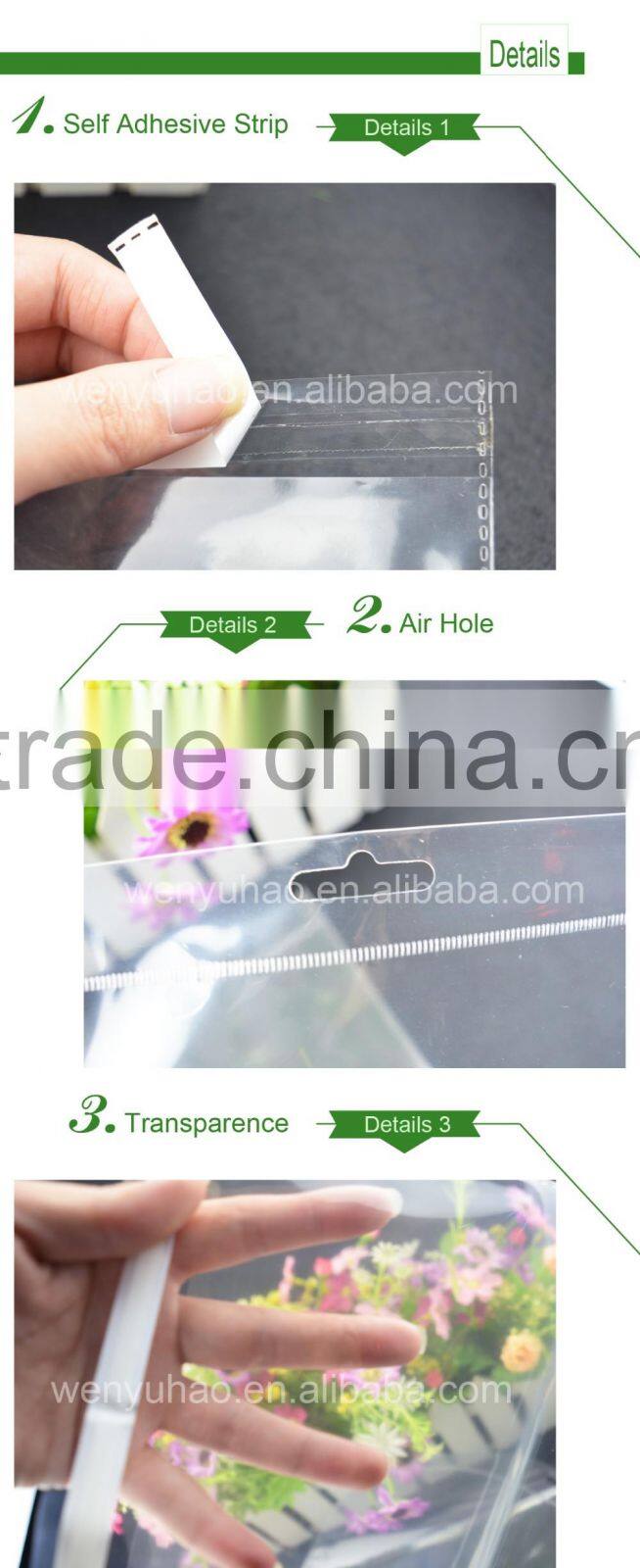 custom self adhesive plastic lamination header transparent gift packing bag