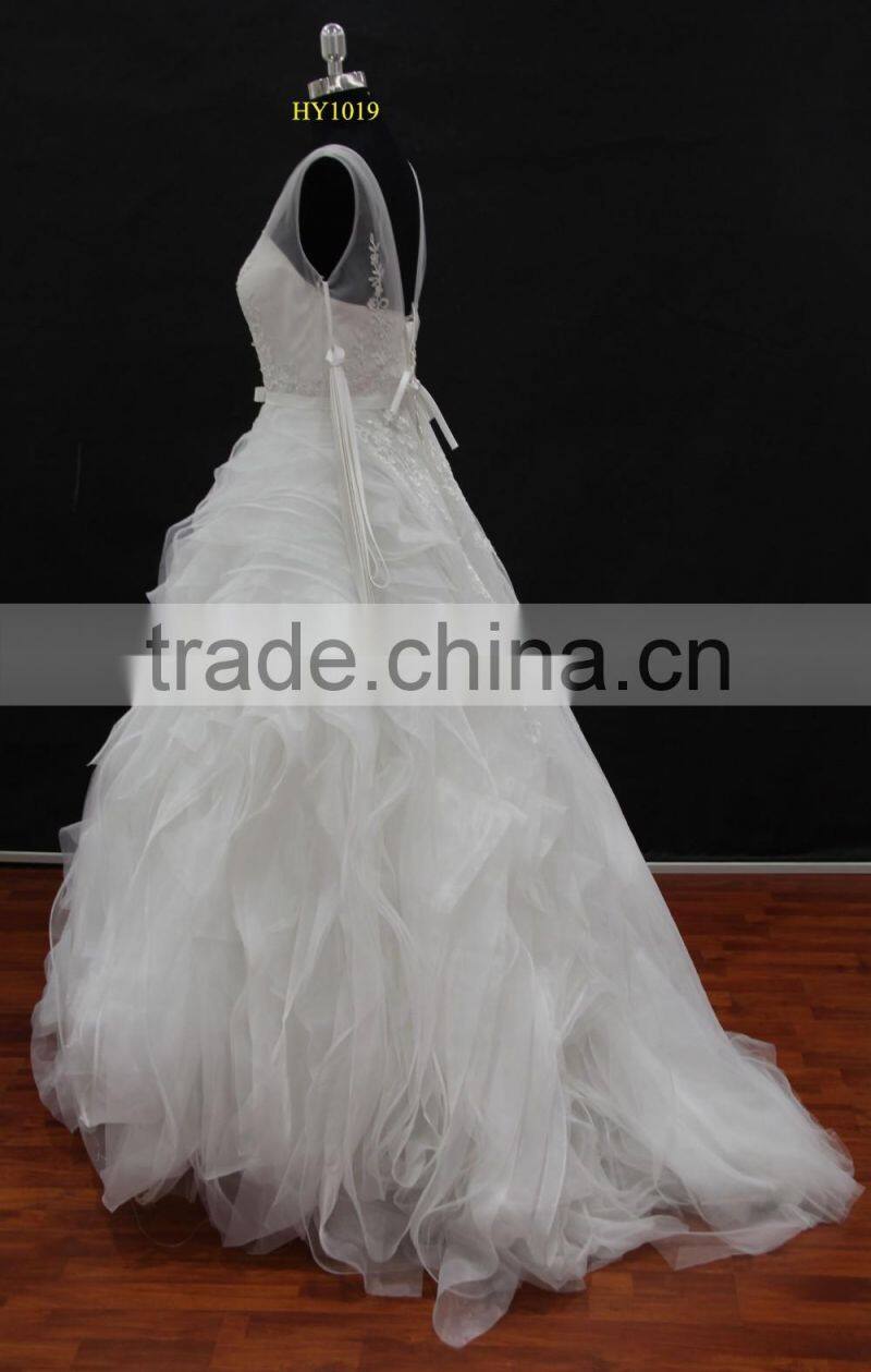 factory real sample! High quality two tulle straps nice design organza ruffle skirt lace wedding dress