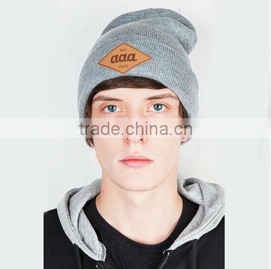 Wholesale High Quality Acrylic Men Hip Hop Custom Leather Patch Beanies