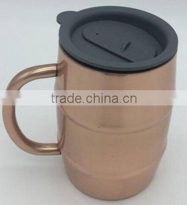 barrel shaped double walled mug with copper plating with lid