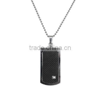 Stainless Steel Pendant- Dog Tag type pendant Carbon Fiber Inlay with a little gem