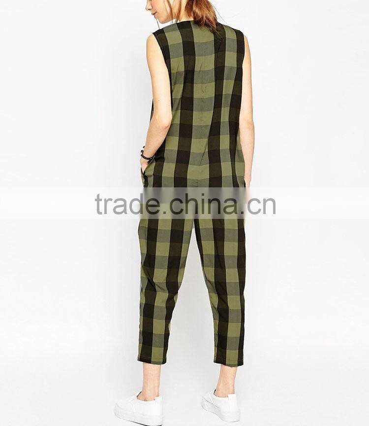 2016 New Arrival check patterns zipper one piece rompers jumpsuits with long pants for women