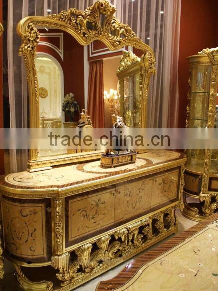 Luxury Golden Buffet With Mirror, Gorgeous Home Decorative Sideboard Inlaid Wood Veneer, Hand Carved Wooden Side Cabinet