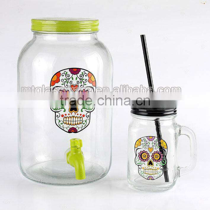 3L Happy Halloween Skull Glass beverage dispenser and mason jar