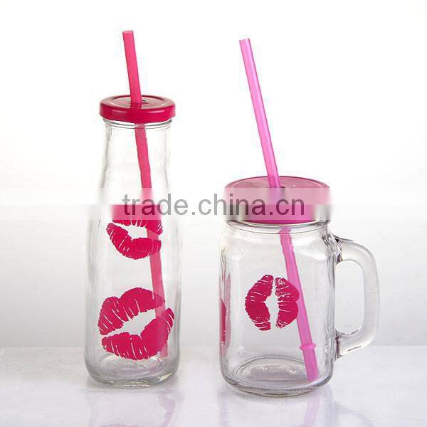 15 oz mouth decal design glass mason jar with handle and straw