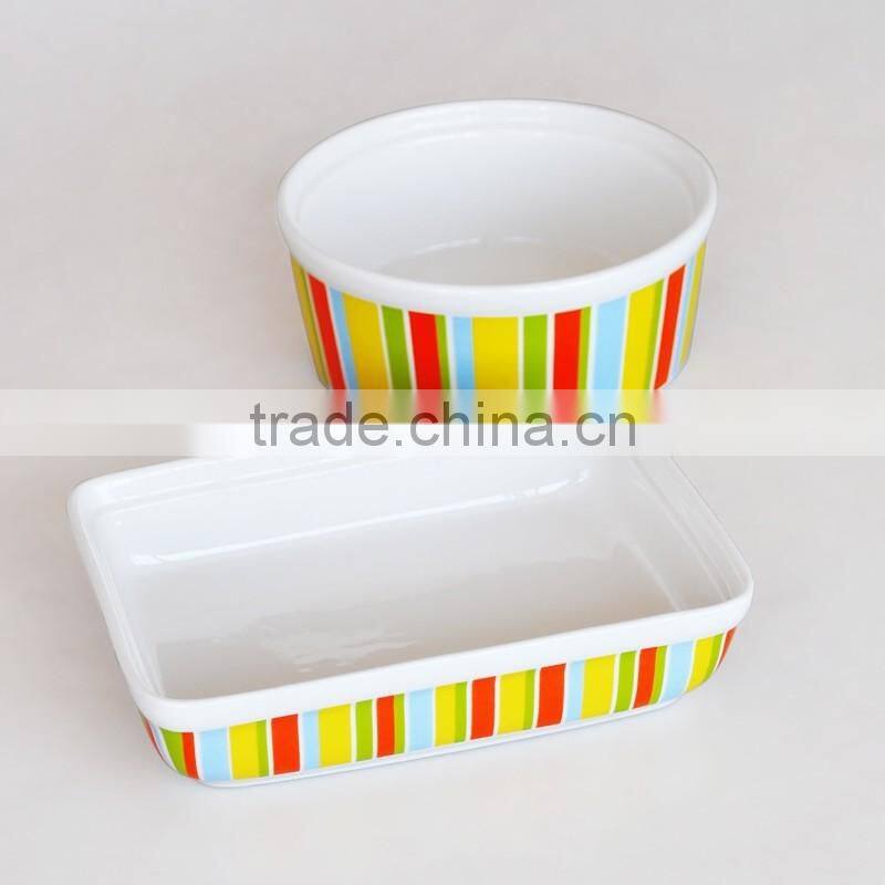 stoneware 2-tone solid color baking dish with decal printing