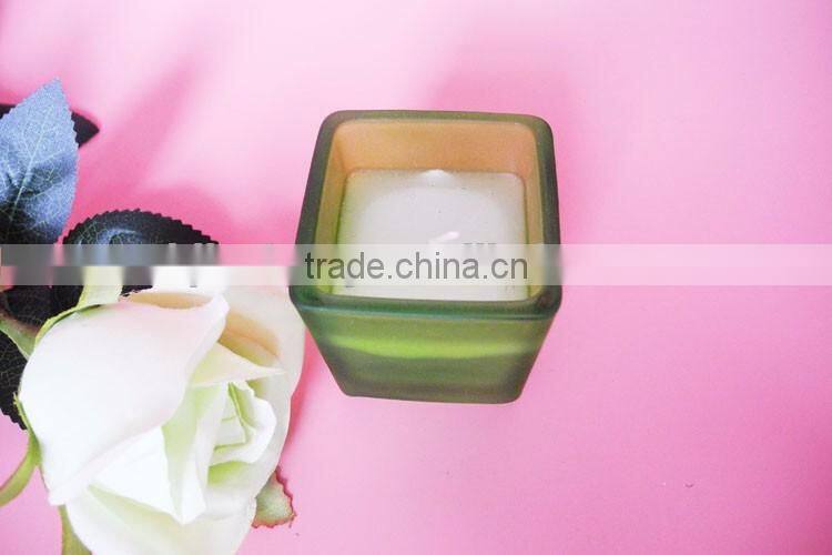 sprayed frosted square glass candle jar with scented wax inside