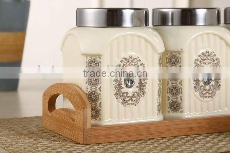 3pcs Ceramic canister set with wooden stand