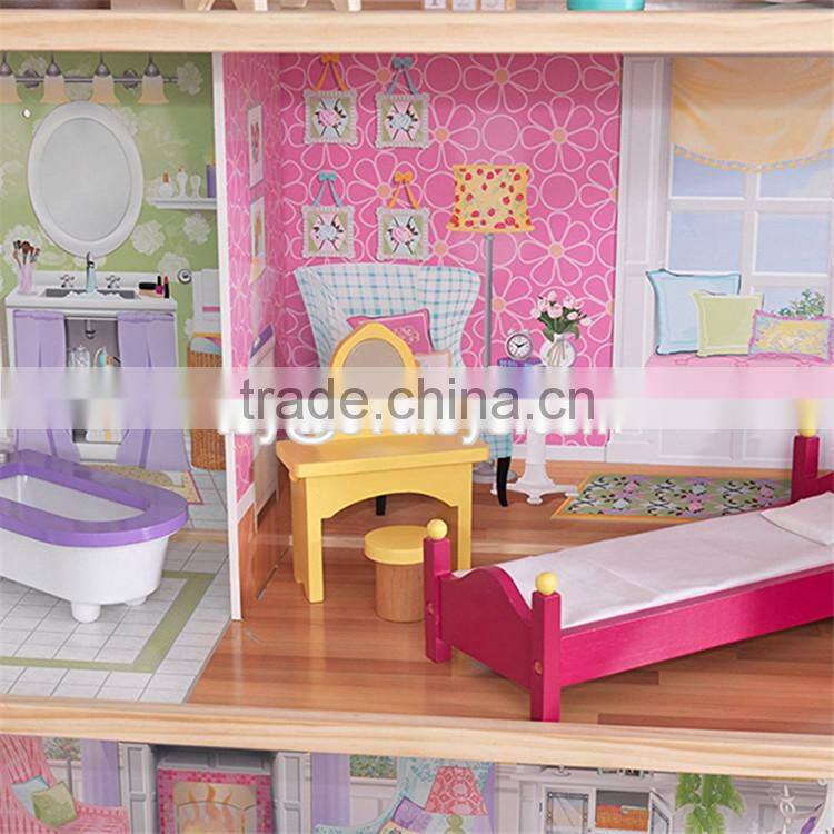 New design luxurious and attractive 34 furniture pieces girls wooden doll house toys W06A217