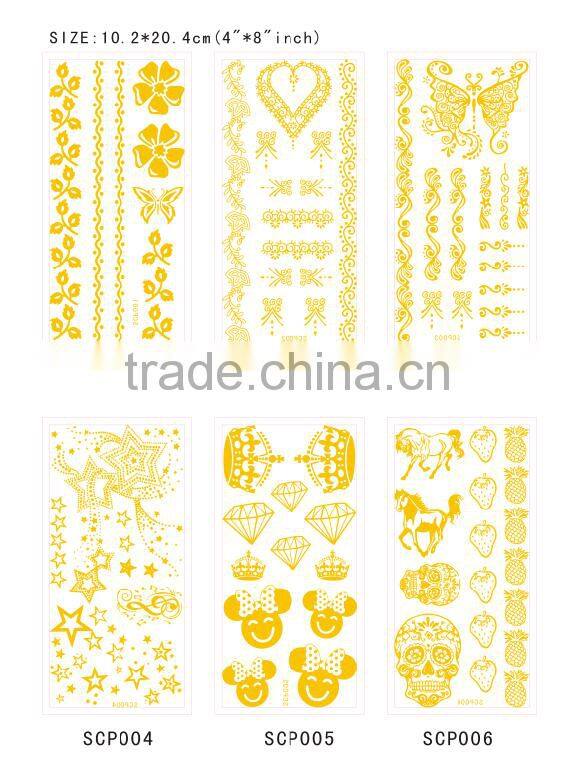 SCP001-006 cheap glitter tattoo paper metallic removal Temporary many designs of faken golden tattoo sticker