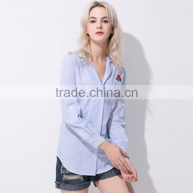 2017 Latest Fashion Lady Long Sleeve Stripe Casual Blouse Design