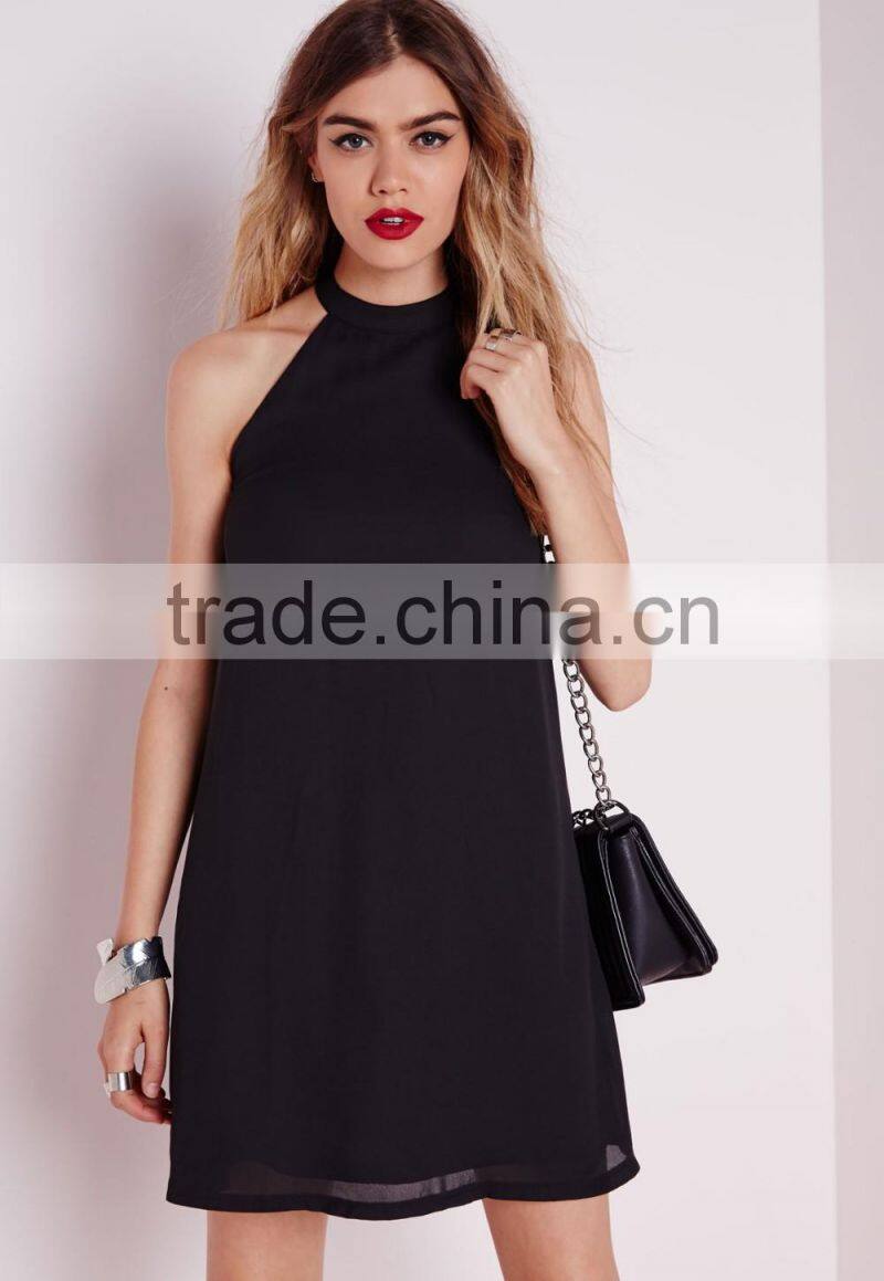wholesale sleeveless high neck crepe swing casual ladies dress black