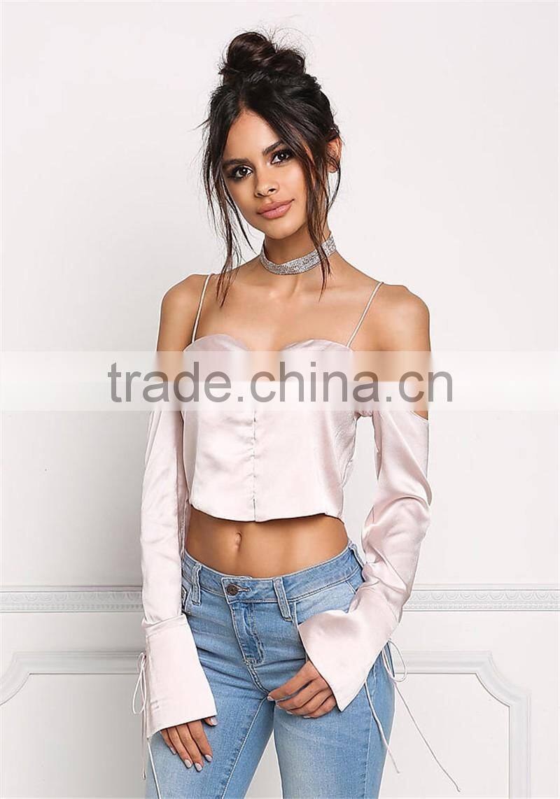 MGOO Custom Manufacturer Polyester Cropped Blouses Blush Silky Cold Shoulder Long Sleeves Satin Crop Tops
