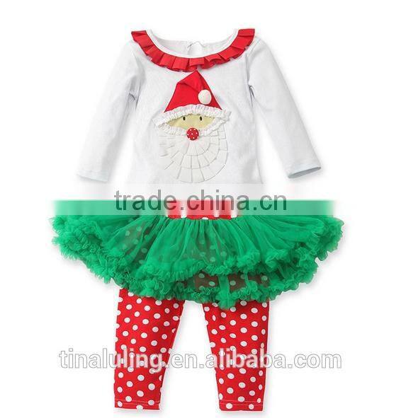 New 2015 Fashion Baby Girls Christmas Clothing Children Santa Claus t shirts+Polka dots legging skirts 2pcs outfits