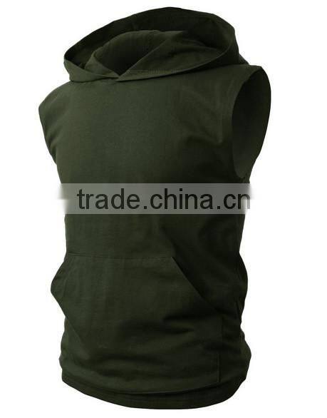 OEM new design cotton plain mens custom sleeveless hoodie with pocket