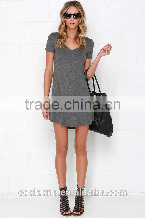 OEM service v neck short sleeves shirt dress women casual dress 2016
