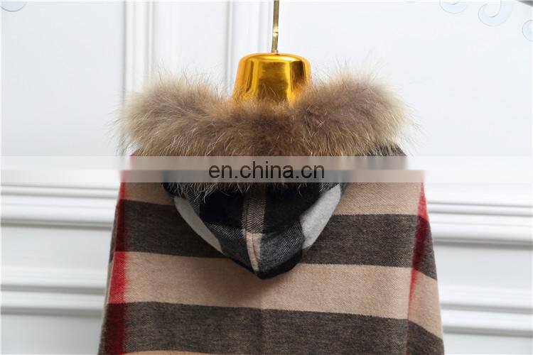 Fashion Women Real Raccoon Fur Hood Shawl Wool Cashmere Scarves Shawls