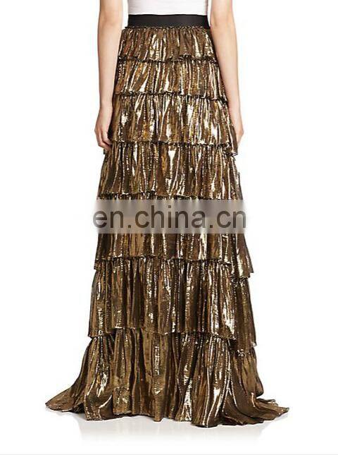 hot selling lame voile tiered silk-blend lady skirt, wholesale fashion subtly flared shape maxi skirt long design