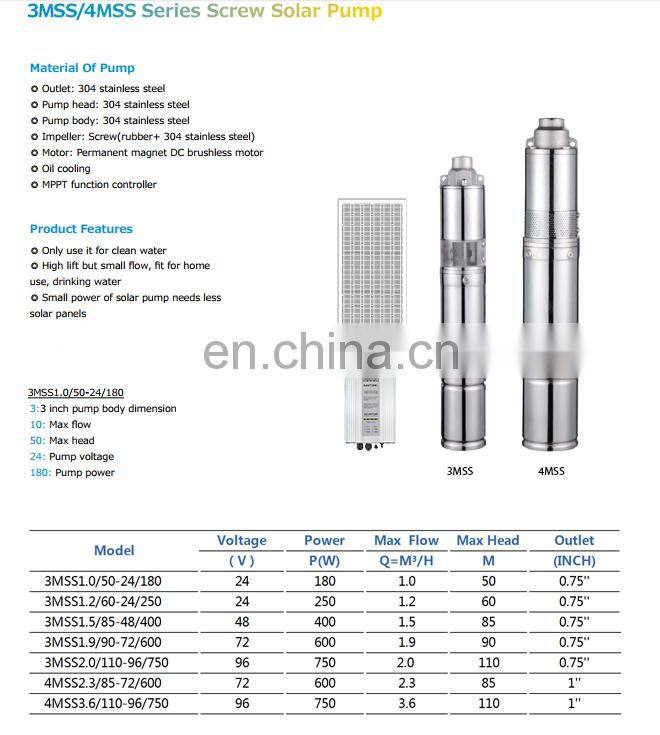 3MSS/4MSS 304 stainless steel submersiblel high lift solar waterhome use water pump