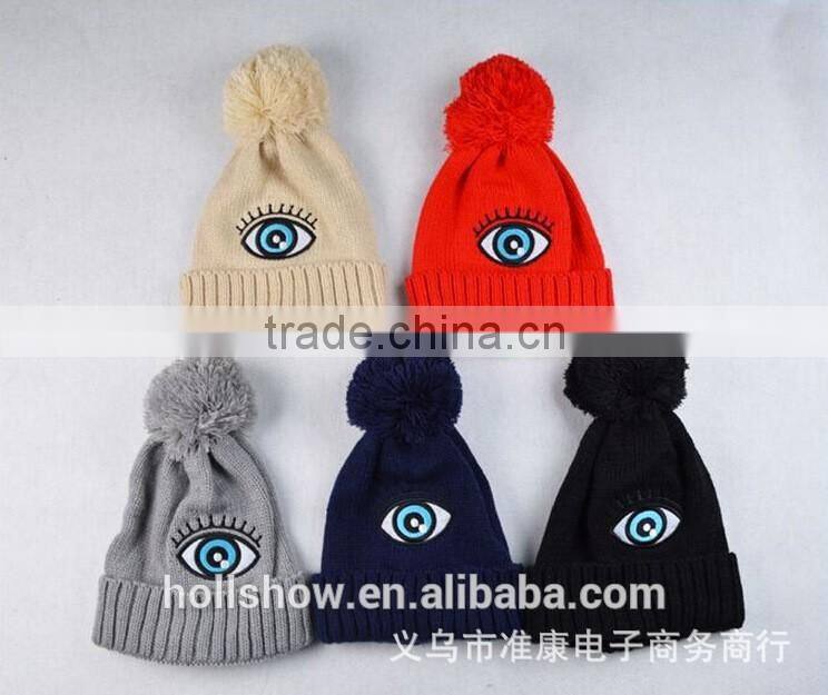 Personalized Eye Design Embroideried Plain Knitting Pom Pom Beanie Caps for Women