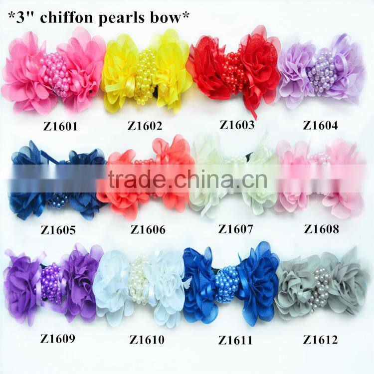 New style girly colorful 3" chiffon pearls hair bow,chiffon rosette hair bow hair hand