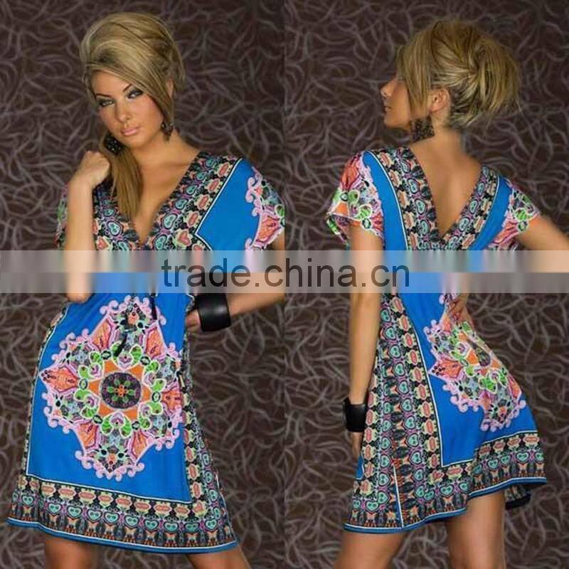 Women Bule XXL Sexy Summer Swimwear Cover Up V Neck Beach Boho Tunic Dress