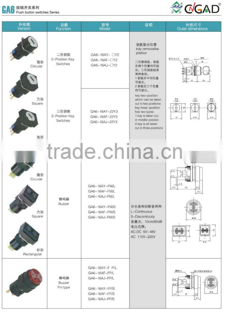 GA6-16AF-22D CNGAD 16mm rectangular maintained illuminate push button switch